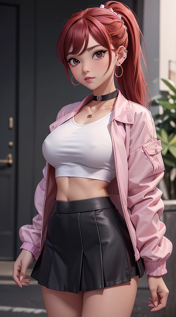 1girl, solo, breasts, looking at viewer, blush, skirt, large breasts, shirt, hair ornament, long sleeves, navel, jewelry, jacket, white shirt, ponytail, red hair, earrings, choker, hairclip, midriff, black eyes, crop top, black choker, piercing, ear piercing, purple skirt, green jacket, cropped shirt,