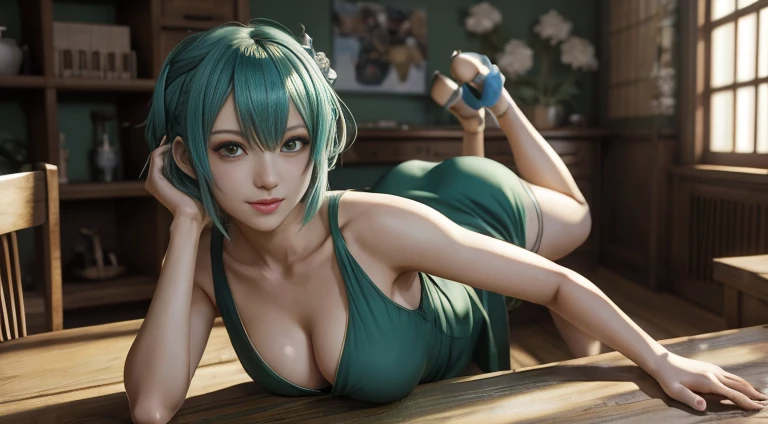 giving smile to the camera , sexy , anime - style image of a woman in a green dress standing in a room, beautiful screenshot, stylized anime, atelier, smooth anime cg art, anime styled 3d, close up character, render of a cute 3d anime girl, final fantasy 14 style, style game, fashion gameplay screenshot, anime stylized, main character short hair , laughter , short hair , beautiful bangs , Shining white skin, Flow of hair that extends to the face , bangs between eyeliner hair , High resolution , beauty eyes, Bright and clear, Big light blue eyes shine charmingly , green one piece , eyeliner,(Ultra Real), (figure), (High resolution), (In 8K), (very detailed), (Best figure), (Beautiful quality with attention to detail), (super detailed), (table top), (wallpaper), (detailed face), drooling eyes , upper body up, alone,