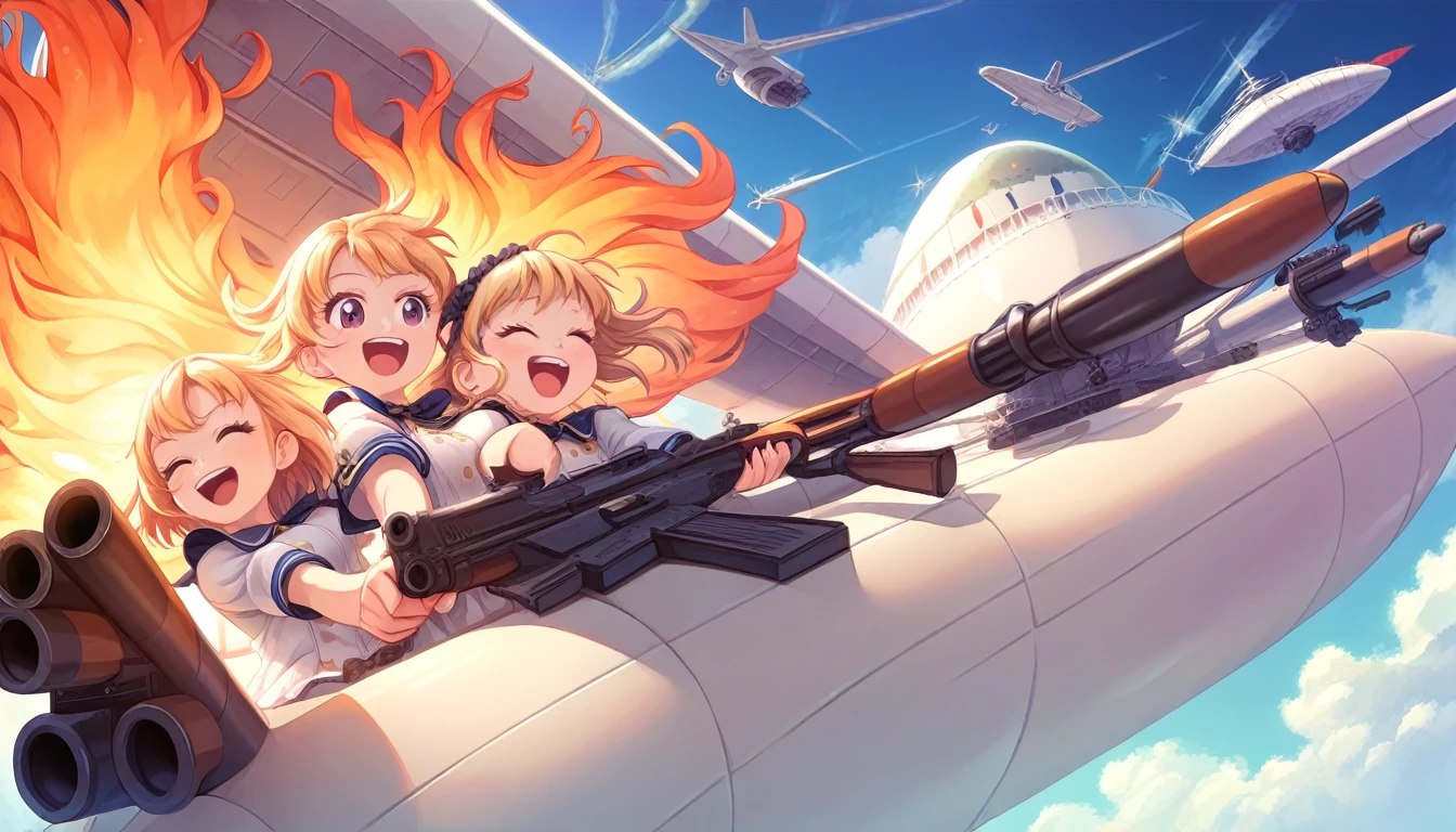 ((multiple girls:1.3)), ((moe style:1.3)), ((airship:1.3)), ((gun firing:1.3)), ((nozzle fire:1.3)), ((laughing:1.3)), ((deep sea:1.3)), ((centerfold:1.3)), ((extremely feminine:1.3)), perfect hands, ((perfect face)), ((extremely cute:1.3)), ((masterpiece)), ((8k)), ((best quality)), ((beautiful)), ((extremely detailed:1.3)) , ((absurdres)), AddXL, ((score_9:1.3)), ((score_8_up:1.3)), ((score_7_up:1.3)),