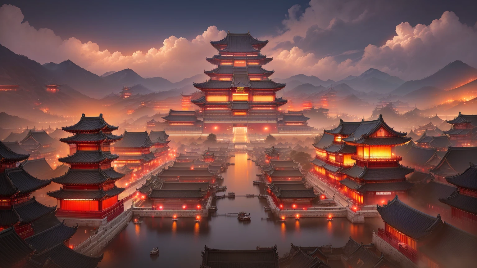 A photo of a Chinese city at night taken from a distance, Beautiful rendering of the Tang Dynasty, Cyberpunk Chinese Ancient Castle, Dreamy Chinatown, author Victor Wang, Popular on cgstation, author:Yang J, Ross Chen. Landscape background, rossdraws Global Illumination, Japanese cities, Andreas Rocha style, Tang Dynasty Palace, Traditional Japanese concept art, 8k high quality detailed art