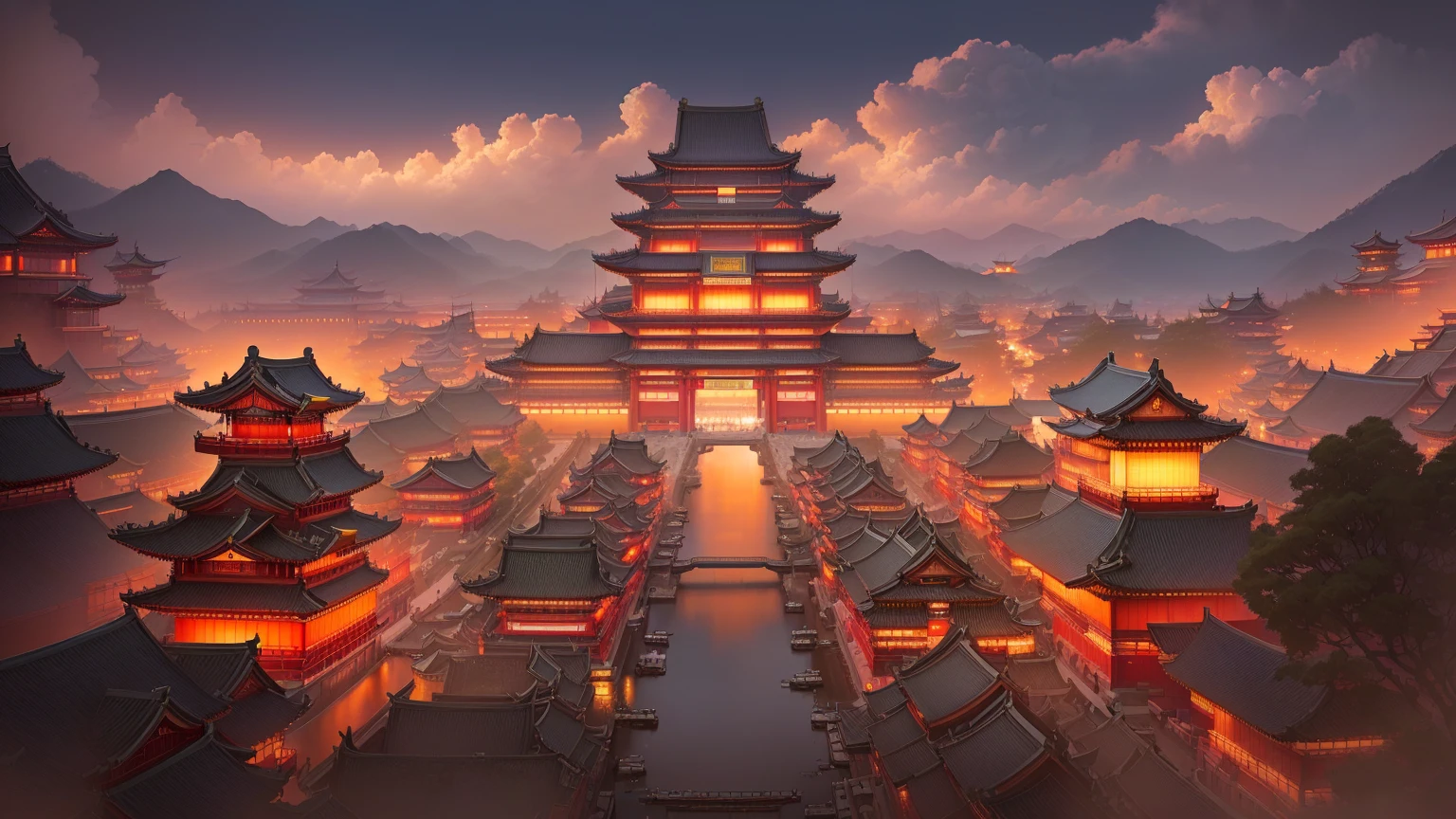 A photo of a Chinese city at night taken from a distance, Beautiful rendering of the Tang Dynasty, Cyberpunk Chinese Ancient Castle, Dreamy Chinatown, author Victor Wang, Popular on cgstation, author：Yang J, Ross Chen. Landscape background, rossdraws Global Illumination, Japanese cities, Andreas Rocha style, Tang Dynasty Palace, Traditional Japanese concept art, 8k high quality detailed art