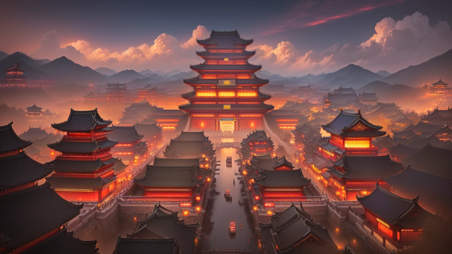 A photo of a Chinese city at night taken from a distance, Beautiful rendering of the Tang Dynasty, Cyberpunk Chinese Ancient Castle, Dreamy Chinatown, author Victor Wang, Popular on cgstation, author：Yang J, Ross Chen. Landscape background, rossdraws Global Illumination, Japanese cities, Andreas Rocha style, Tang Dynasty Palace, Traditional Japanese concept art, 8k high quality detailed art