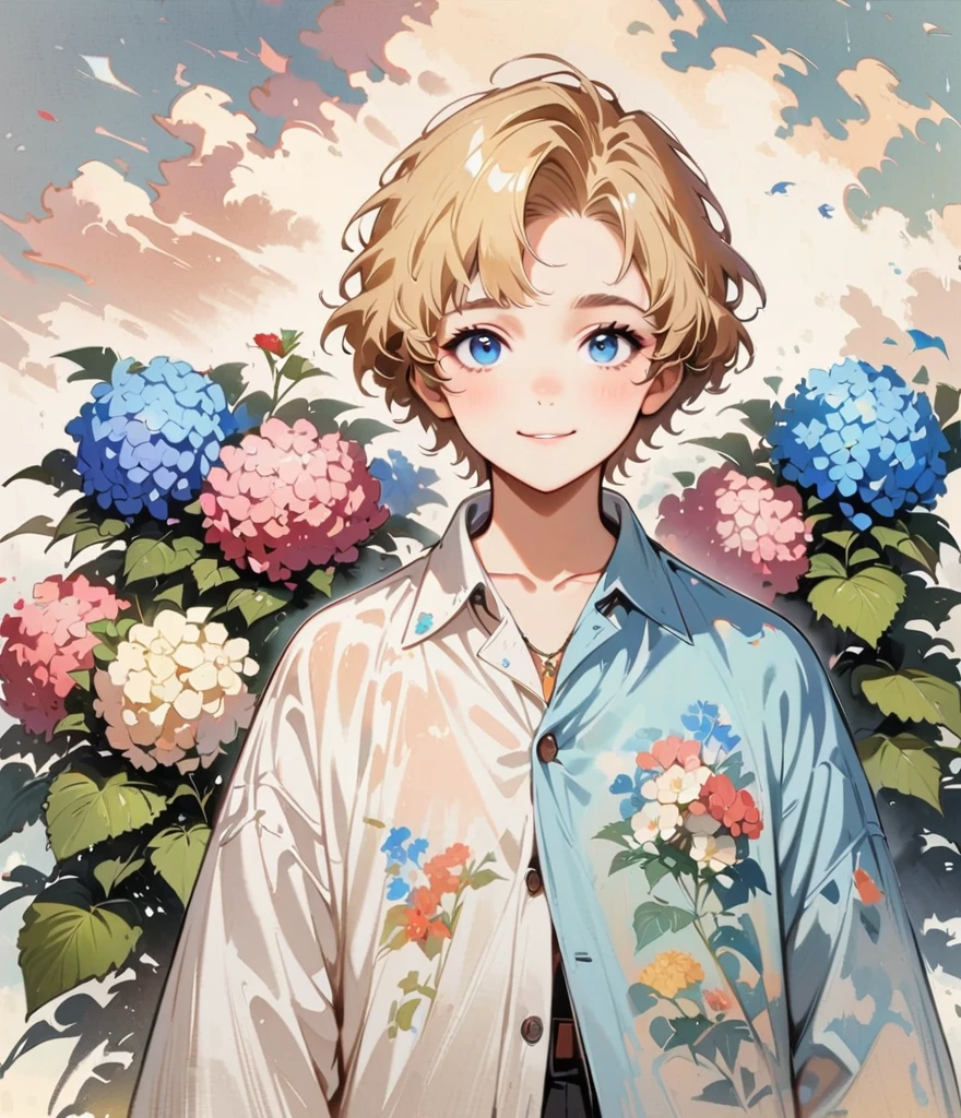 cool face boy、Strong Face、Blonde Short、When it rains, A rainbow appears。Hydrangea(masterpiece, Highest quality:1.2), Cartoon style character design, alone,Eyes with raised corners of the eyes,Floral Shirt,interesting,interesting
