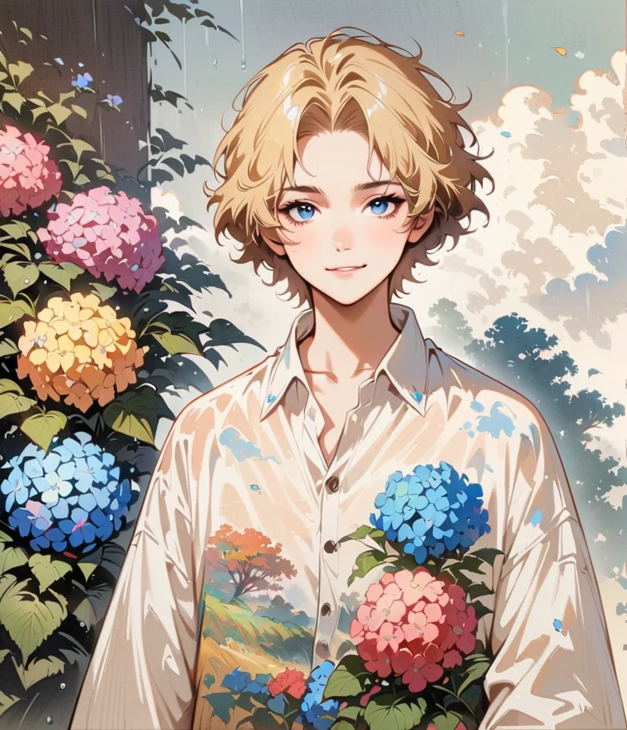 cool face boy、Strong Face、Blonde Short、When it rains, A rainbow appears。Hydrangea(masterpiece, Highest quality:1.2), Cartoon style character design， alone，Eyes with raised corners of the eyes，Floral Shirt，interesting，interesting