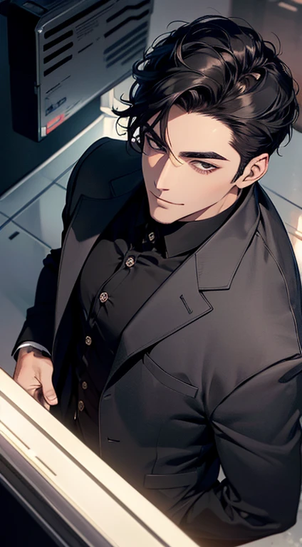 (best quality, masterpiece, 8K, photorealistic, cinematic lighting, 1:4 hdr image, top view, ultra detailed, beautiful image), a mature man, very handsome, short black hair, black eyes, perfect face without errors , ((buttoning his jacket, CEO)), smile in love.