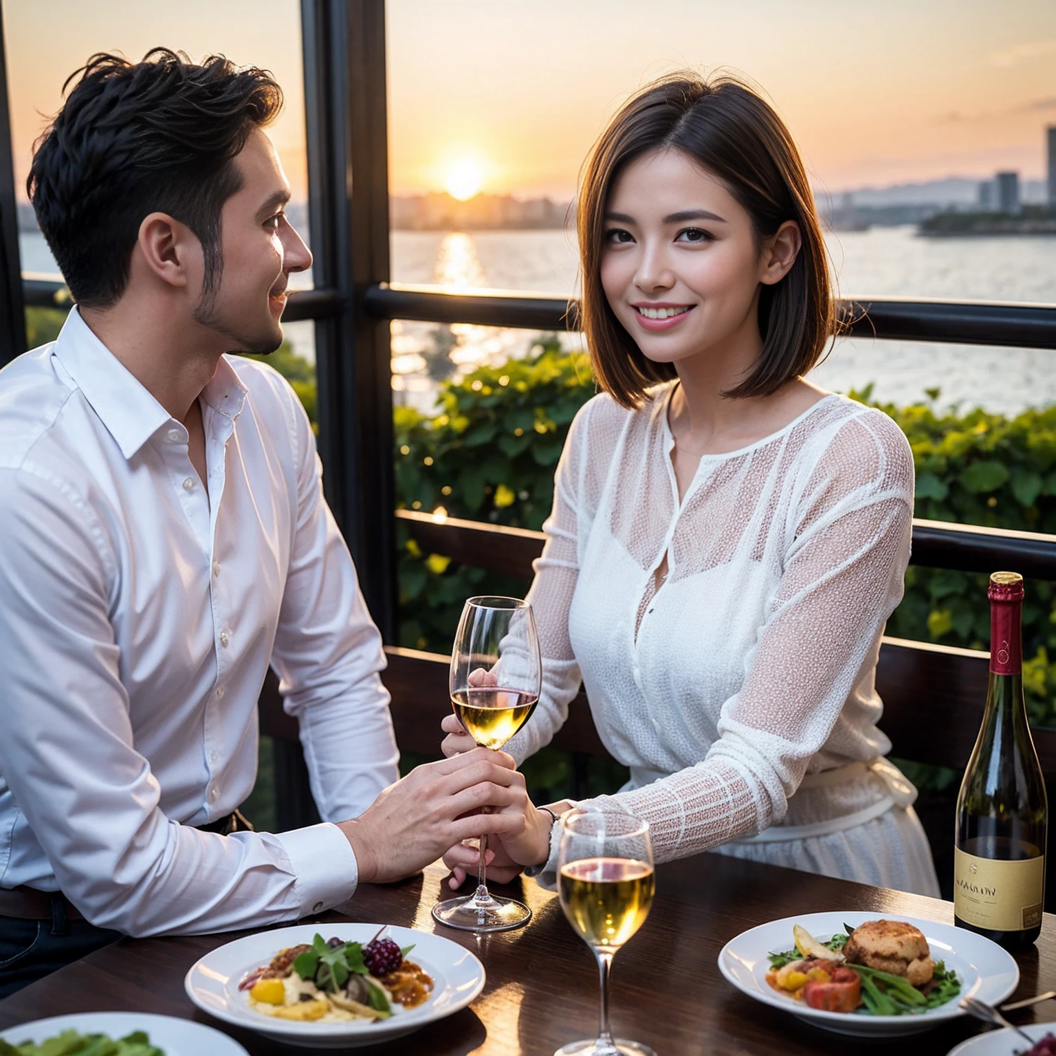 ((Highest quality、8K、masterpiece:1.3))、 (Ultra-realistic、 Genuine、Bright image、Intricate details:1.2), 最高のsmile、1 male 1 female、Beautiful couple、Love Love Love、Lovers in Yokohama、Good friends、actress couple、smile、Full-course dinner at a packed table、 (Slim face), (the body is slim), (Brown Hair), (short hair), テーブルのwine glass、Please shine a light on my face、 Amazing view of the sunset sky and clouds、36 years old 39 years old, red wine 、Wine bottle、sparkling wine、Long sleeve shirt、dress、White wine, red wine, wine glass, 