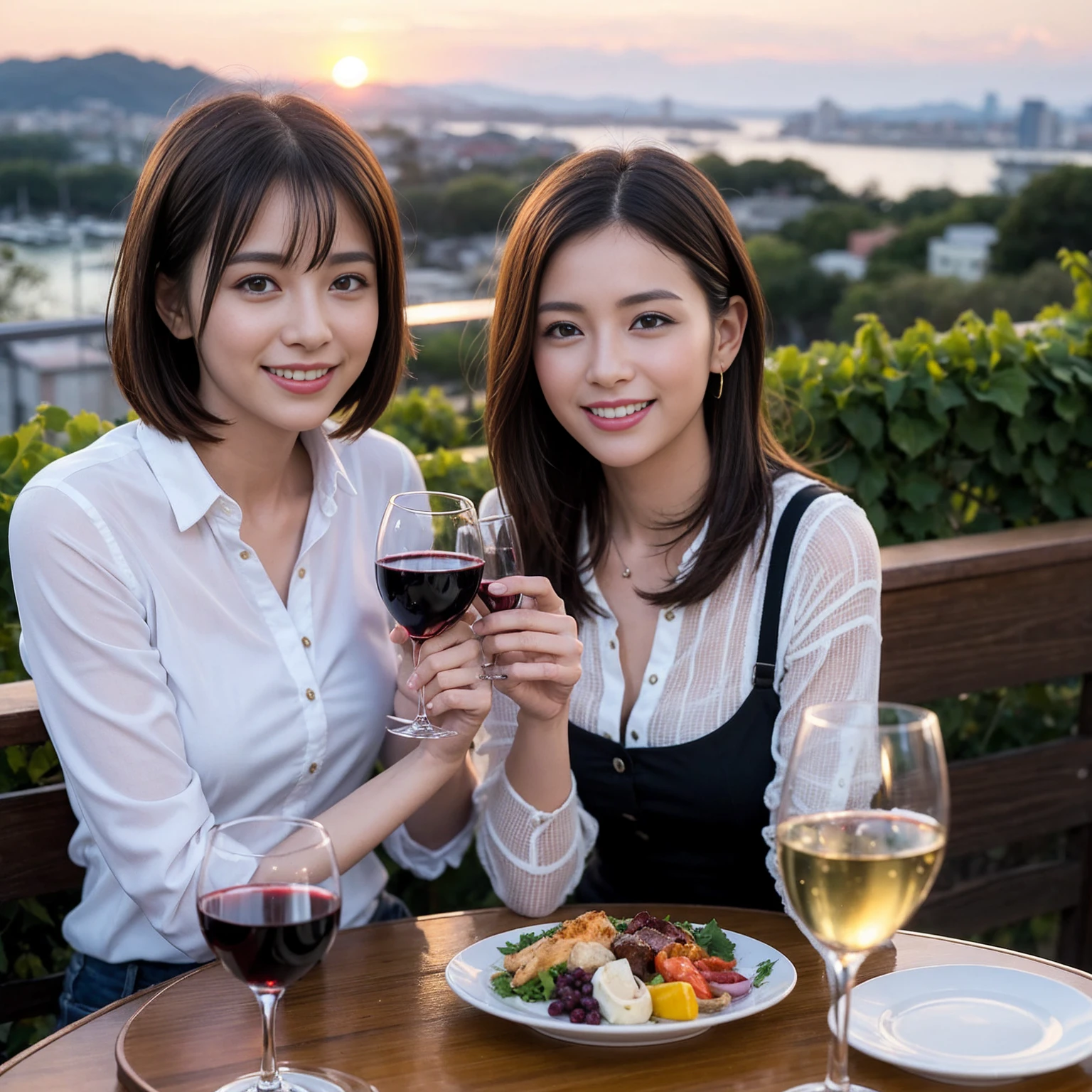 ((Highest quality、8K、masterpiece:1.3))、 (Ultra-realistic、 Genuine、Bright image、Intricate details:1.2), 最高のsmile、1 male 1 female、Beautiful couple、Love Love Love、Lovers in Yokohama、Good friends、actress couple、smile、Full-course dinner at a packed table、 (Slim face), (the body is slim), (Brown Hair), (short hair), テーブルのwine glass、Please shine a light on my face、 Amazing view of the sunset sky and clouds、36 years old 39 years old, red wine 、Wine bottle、sparkling wine、Long sleeve shirt、dress、White wine, red wine, wine glass,