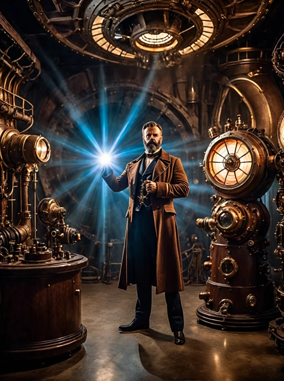 photo focus on male focus, indoors, realistic scenery, (captain nemo:1.1), retro-futuristic,  testing a laser , ray, beam,  steampunk nautilus-style. very wide shot, character photo portrait, film, professional, 4k