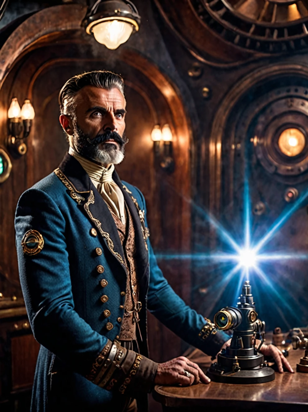 photo focus on male focus, indoors, realistic scenery, (captain nemo:1.1), retro-futuristic,  testing a laser , ray, beam,  steampunk nautilus-style. very wide shot, character photo portrait, film, professional, 4k