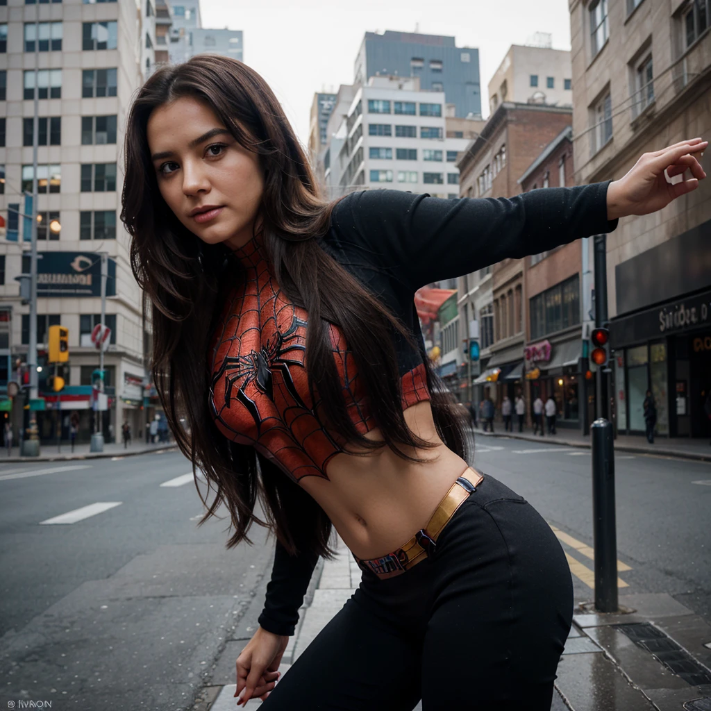 1girl in, 30 years old, Square face, Long hair, Looking at the viewer, jewelry, Realistic, Sexy, spiderman, standing on tall buildings, free posing
