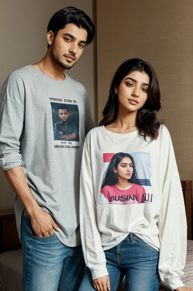 A couple setting on a bedroom enjoying music boy wearing a oversized shirt usman written on it girl wearing a hizab almisha written on it.