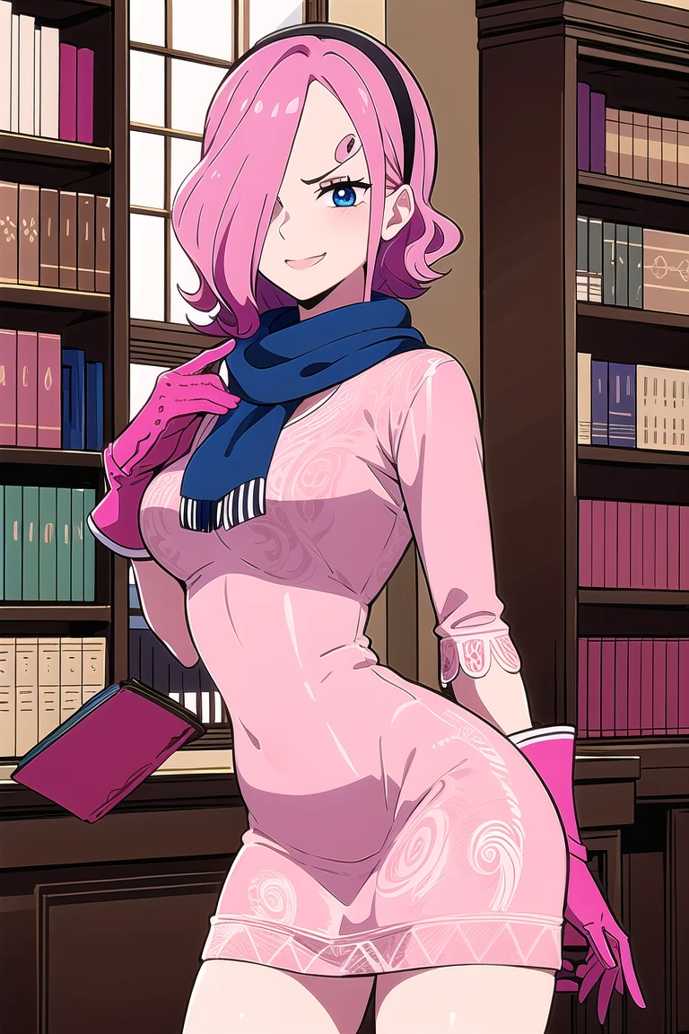 masterpiece, ((ultra detailed background, delicate pattern, intricate detail)), (highly detailed, fine details), best quality, ((medium breasts, slim girl)), ReijuV2, 1girl, solo, pink hair, hair over one eye, blue eyes, short hair, smile, tattoo, pink dress, cpae, scarf, gloves, hairband, (complex detailed background, inside, castle room environment, medieval castle, gray walls, window, bookshelf), (((twirly eyebrows, swirl-shaped eyebrows))), ((cowboy shot)),