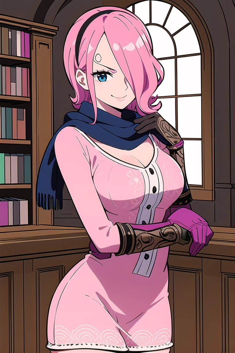 masterpiece, ((ultra detailed background, delicate pattern, intricate detail)), (highly detailed, fine details), best quality, ((medium breasts, slim girl)), ReijuV2, 1girl, solo, pink hair, hair over one eye, blue eyes, short hair, smile, tattoo, pink dress, cpae, scarf, gloves, hairband, (complex detailed background, inside, castle room environment, medieval castle, gray walls, window, bookshelf), (((twirly eyebrows, swirl-shaped eyebrows))), ((cowboy shot)),  