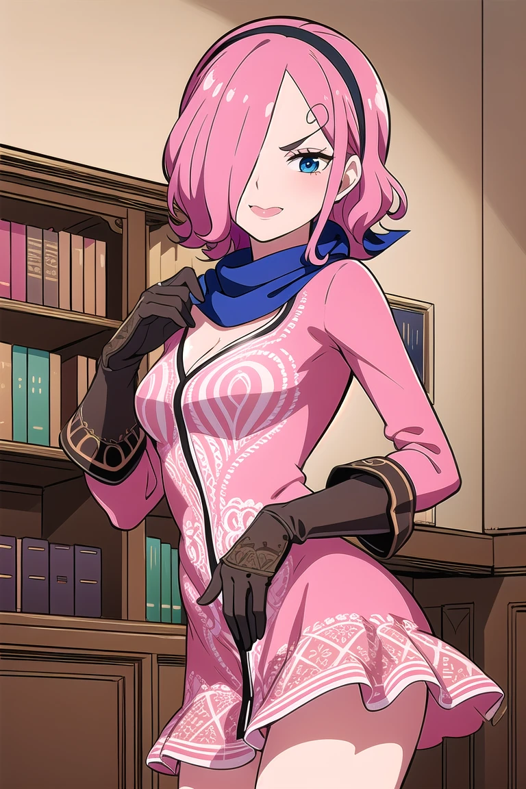 masterpiece, ((ultra detailed background, delicate pattern, intricate detail)), (highly detailed, fine details), best quality, ((medium breasts, slim girl)), ReijuV2, 1girl, solo, pink hair, hair over one eye, blue eyes, short hair, smile, tattoo, pink dress, cpae, scarf, gloves, hairband, (complex detailed background, inside, castle room environment, medieval castle, gray walls, window, bookshelf), (((twirly eyebrows, swirl-shaped eyebrows))), ((cowboy shot)),  