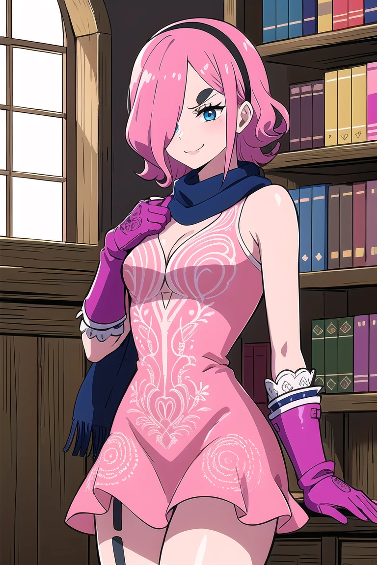 masterpiece, ((ultra detailed background, delicate pattern, intricate detail)), (highly detailed, fine details), best quality, ((medium breasts, slim girl)), ReijuV2, 1girl, solo, pink hair, hair over one eye, blue eyes, short hair, smile, tattoo, pink dress, cpae, scarf, gloves, hairband, (complex detailed background, inside, castle room environment, medieval castle, gray walls, window, bookshelf), (((twirly eyebrows, swirl-shaped eyebrows))), ((cowboy shot)),  