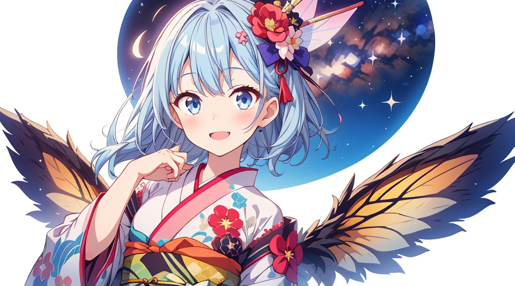 Highest quality、Masterpiece、Official Art、Dynamic composition、One Girl, alone,starの妖精、 Hello, Virtual YouTuber, Milky white with blue inner color hair, Transparent little fairy wings, Hello,wings,  Blue Hair, smile, View your viewers, 青いbackground,  background, Long Hair, Single hair ingestion, upper dy whole body,Blue eyes,  眉毛より上の短めのbangs,  bangs, blue eyes,Sleeves are longer than the wrist, Gothic Lolita Kimono Remade from Kimono、universe、Milky Way、star、