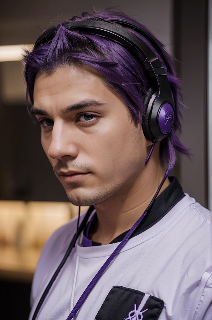 A man with purple hair wearing a cool anime headset