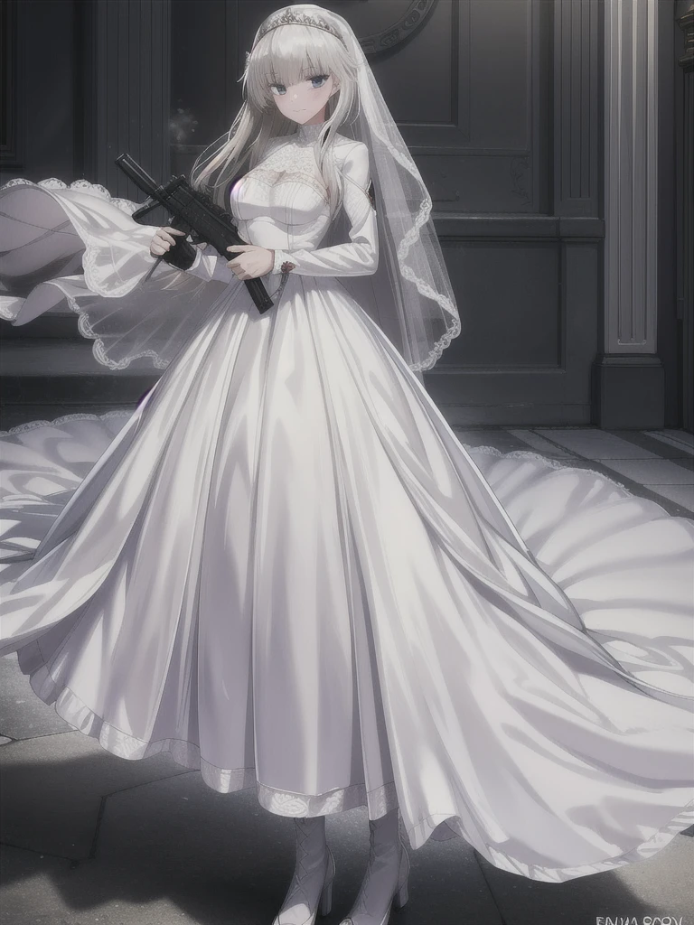 gorgeous white wedding dress, ak-74m, 4k, standing, high resolution, cowboy shot's, 