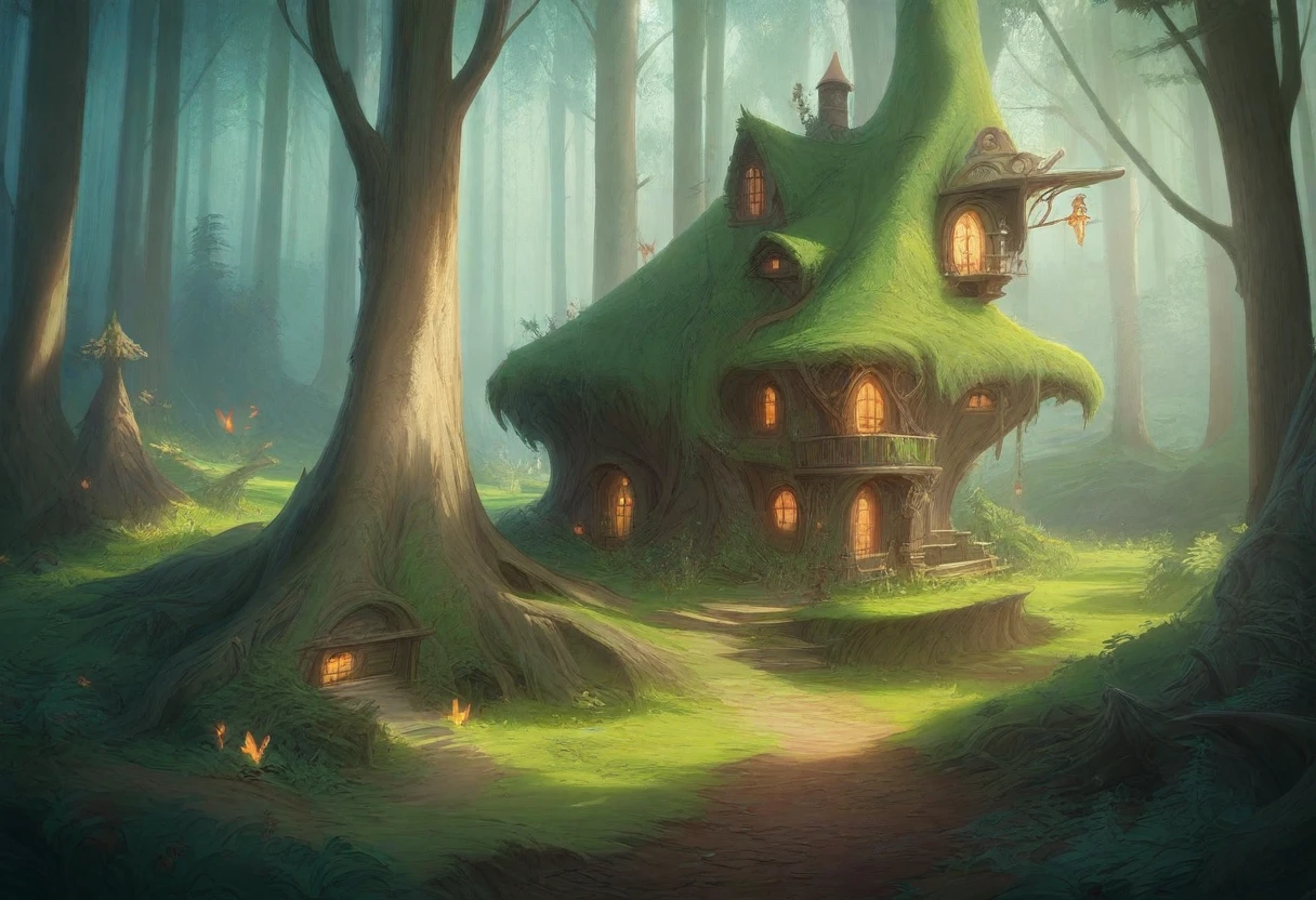 There is a small house with lights on in the middle of the forest, Beautiful depiction of a fairy tale, enchanted magical fantasy forest, Enchanted and magical forest, realistic fantasy render, A pleasant and enchanting scene, magical fantasy forest, stuning Fantasy 3D Rendering, fantasy matte painting,cute, whimsical fantasy landscape art, Fantasy 3D Rendering, Lighting with a fantastic atmosphere, fantasy gorgeous lighting