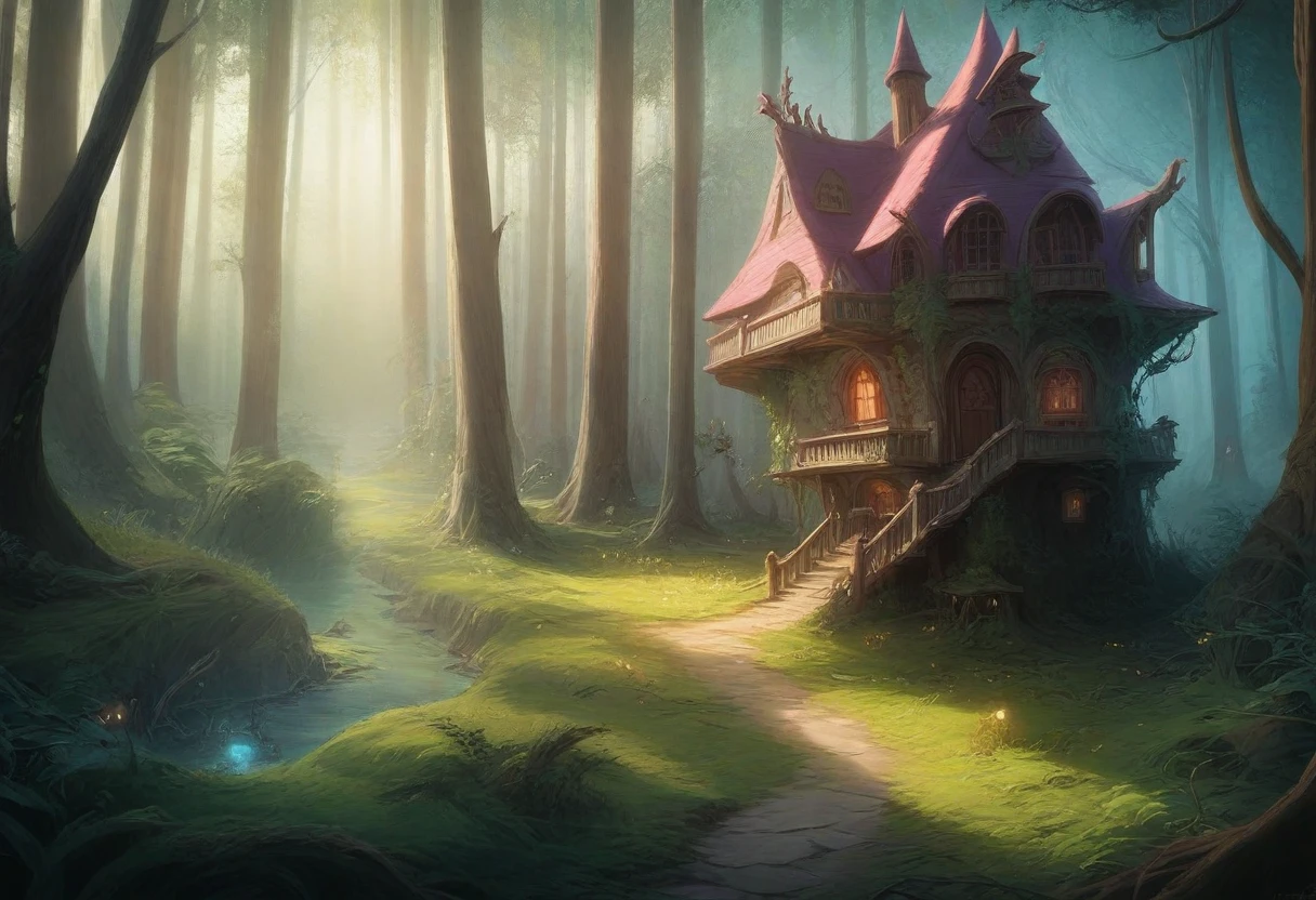 There is a small house with lights on in the middle of the forest, Beautiful depiction of a fairy tale, enchanted magical fantasy forest, Enchanted and magical forest, realistic fantasy render, A pleasant and enchanting scene, magical fantasy forest, stuning Fantasy 3D Rendering, fantasy matte painting，cute, whimsical fantasy landscape art, Fantasy 3D Rendering, Lighting with a fantastic atmosphere, fantasy gorgeous lighting
