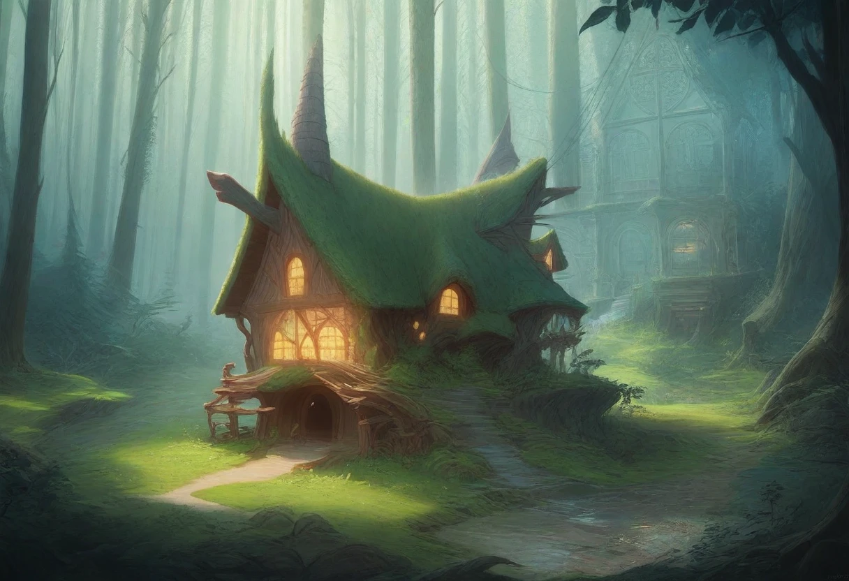There is a small house with lights on in the middle of the forest, Beautiful depiction of a fairy tale, enchanted magical fantasy forest, Enchanted and magical forest, realistic fantasy render, A pleasant and enchanting scene, magical fantasy forest, stuning Fantasy 3D Rendering, fantasy matte painting，cute, whimsical fantasy landscape art, Fantasy 3D Rendering, Lighting with a fantastic atmosphere, fantasy gorgeous lighting