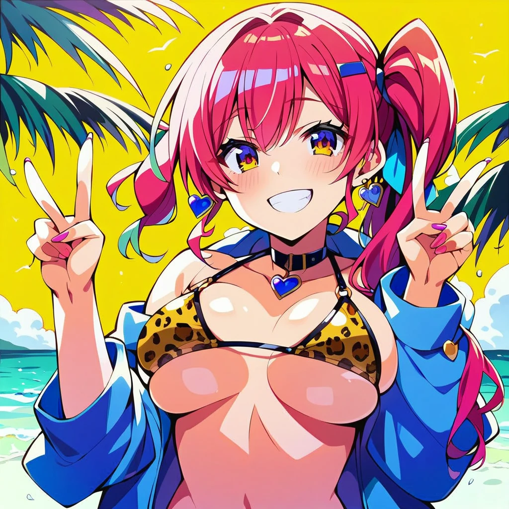 score_9,score_8_up,score_7_up,masterpiece,best quality,absurdres,unity 8k wallpaper,official art,official style,source_anime,uncensored,anime screencap,anime coloring,megami magazine,(ai-generated:0.6),1girl,american,gyaru,18yo,red hair,shiny skin,large breasts,curvy,side ponytail,portrait,upper body,bikini,leopard print,smile,double v,looking at viewer,beach,summer