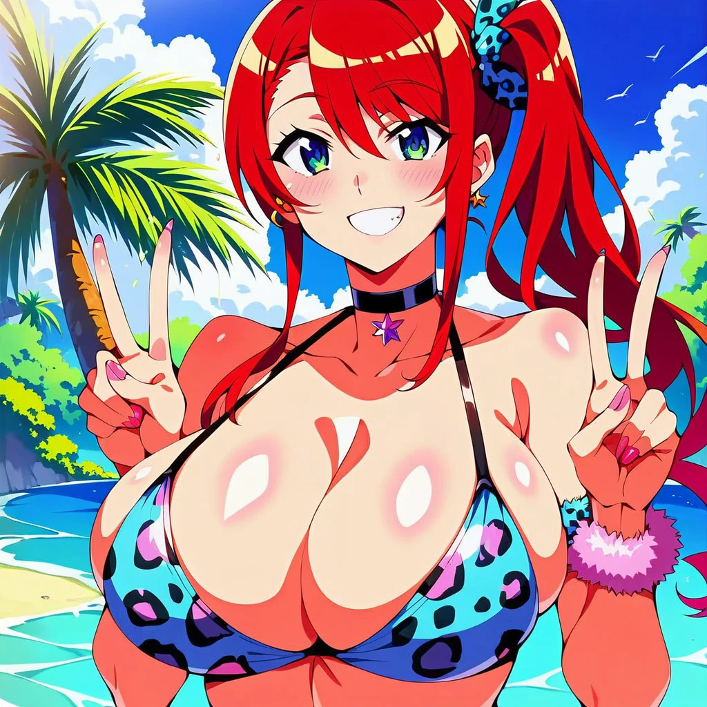 score_9,score_8_up,score_7_up,masterpiece,best quality,absurdres,unity 8k wallpaper,official art,official style,source_anime,uncensored,anime screencap,anime coloring,megami magazine,(ai-generated:0.6),1girl,american,gyaru,18yo,red hair,shiny skin,large breasts,curvy,side ponytail,portrait,upper body,bikini,leopard print,smile,double v,looking at viewer,beach,summer