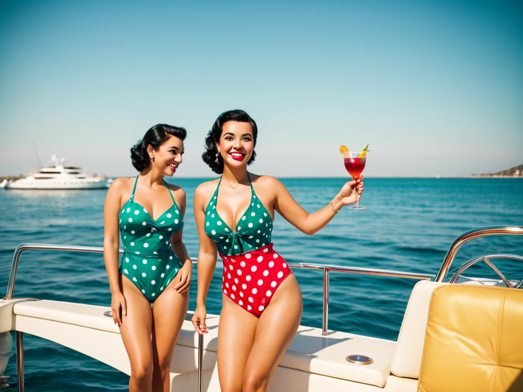 35mm film photography, Joyful, smiling black hair 1 woman pinup posing beautifully smiling on a yacht clear weather summer sky golden hour glare of the sun red in her hands holding a glass of cocktail retro style pinup green swimsuit closed with polka dots dancing pinup poses luxury rich life