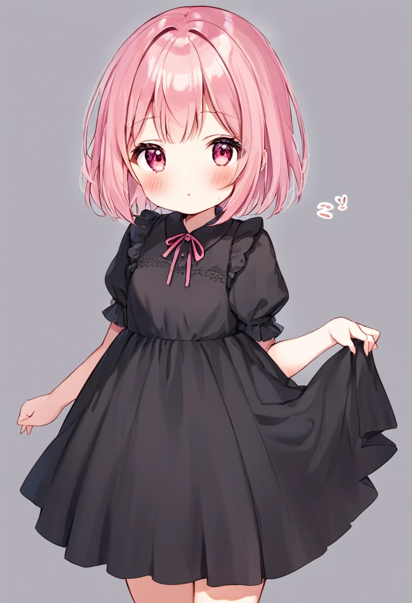 I draw for me an 18-year-old girl with pink hair, a girl with reddish-pink eyes, wearing a short black dress, a beautiful woman blushing, standing alone with sharp and cute features. 