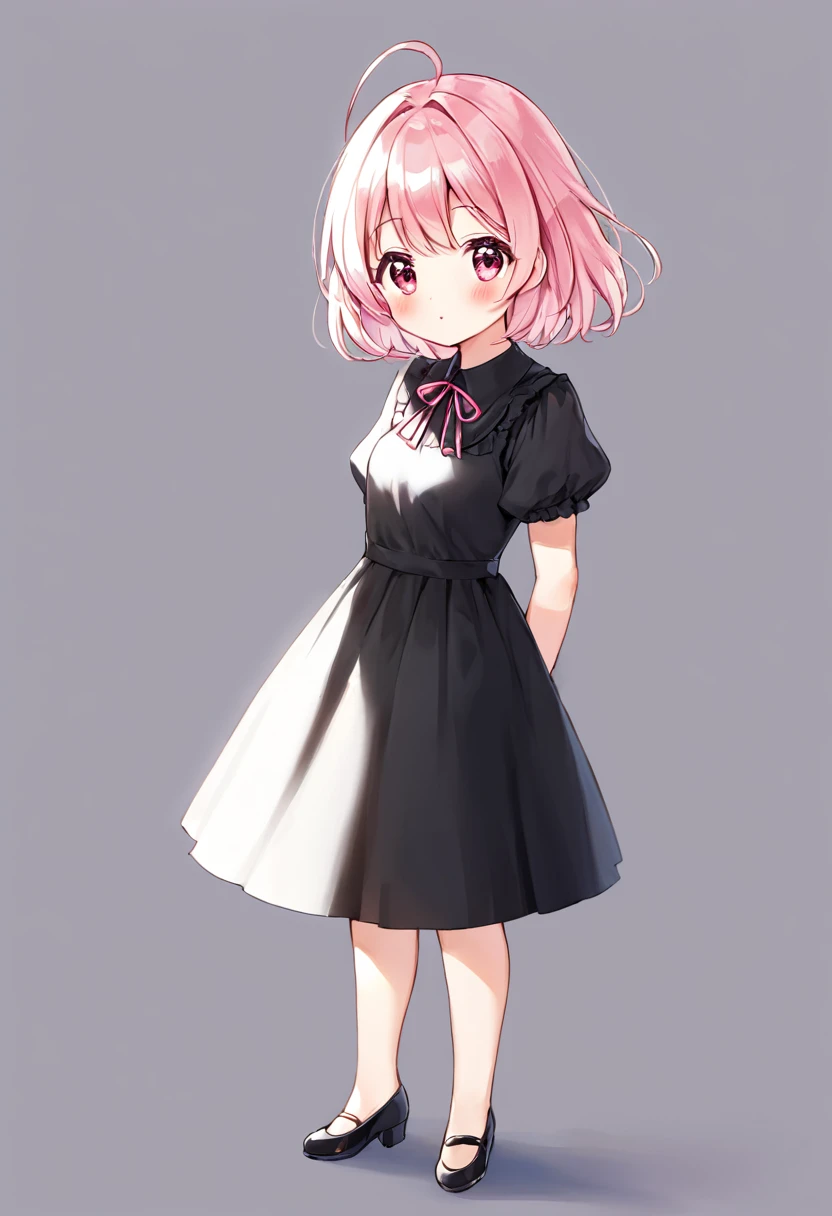 I draw for me an 18-year-old girl with pink hair, a girl with reddish-pink eyes, wearing a short black dress, a beautiful woman blushing, standing alone with sharp and cute features.