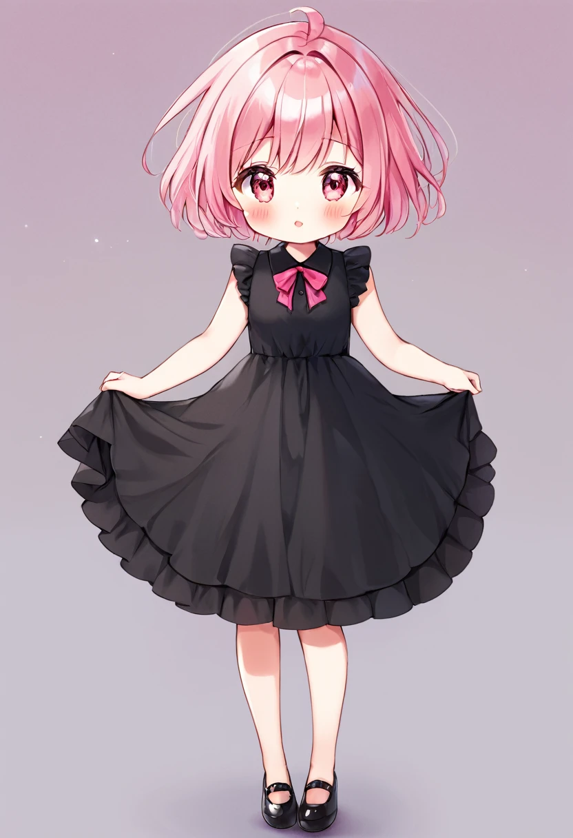 I draw for me an 18-year-old girl with pink hair, a girl with reddish-pink eyes, wearing a short black dress, a beautiful woman blushing, standing alone with sharp and cute features. 