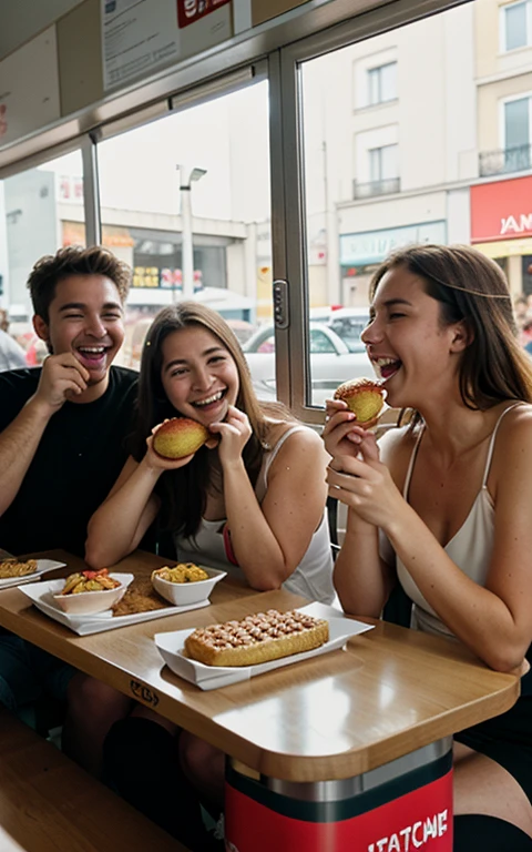 des amis dans un fastfood    style analogique, Photo brute, la photographie, hyper photoréaliste, amateur photo shot oF friends laughing and eating, dans un fastfood, peaux détaillées, soFt natural raw light, très détaillé, meilleure qualité, ultra détaillé, extrêmement détaillé, taken From mobile camera, F/22, deep depth oF Field, grain, bruit