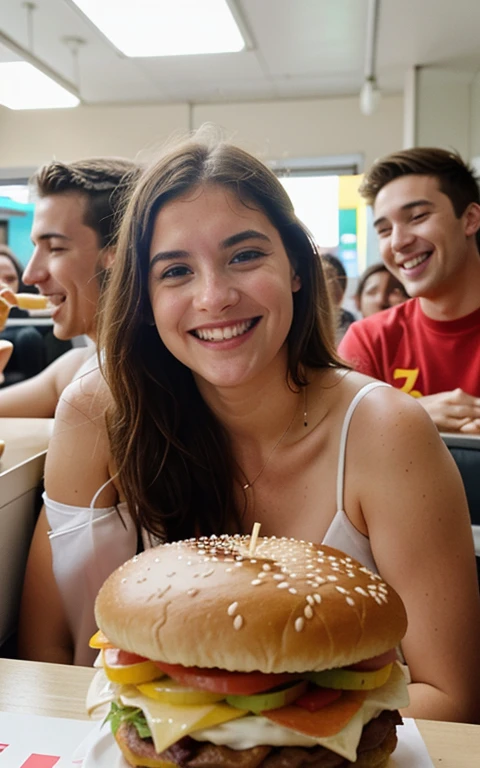 des amis dans un fastfood style analogique, Photo brute, la photographie, hyper photoréaliste, amateur photo shot oF friends laughing and eating, dans un fastfood, peaux détaillées, soFt natural raw light, très détaillé, meilleure qualité, ultra détaillé, extrêmement détaillé, taken From mobile camera, F/22, deep depth oF Field, grain, bruit
