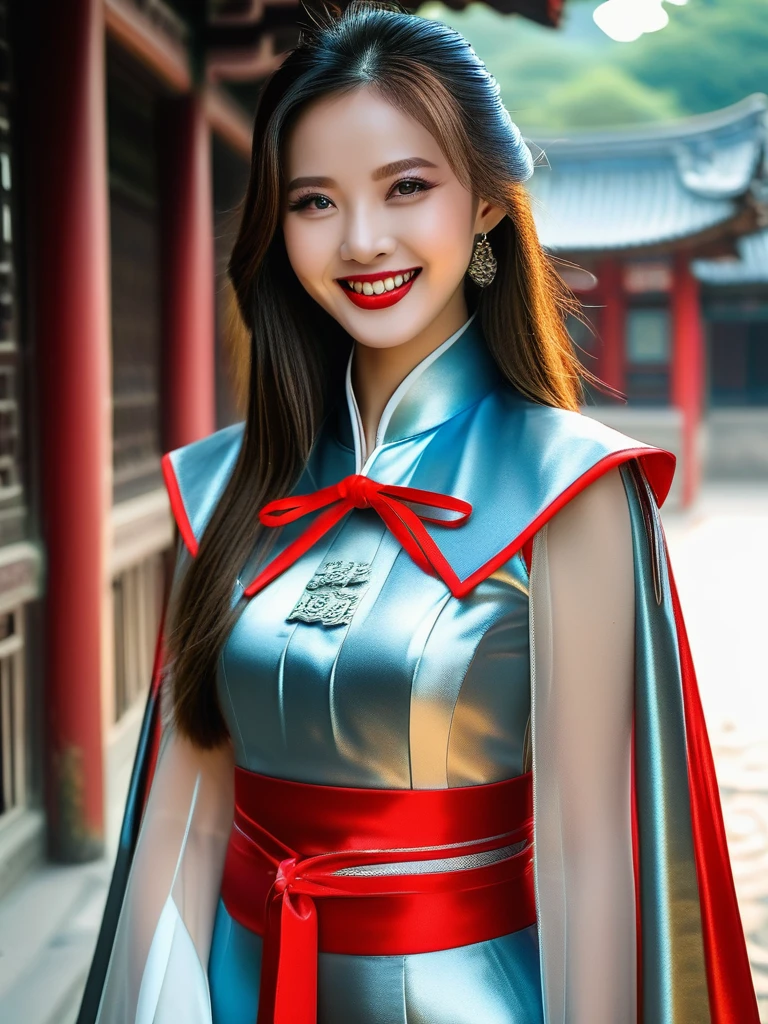 breathtakingly beautiful smiling Chinese girl , long  hair , blue eyes , red lips ,(((wearing  a long shiny silver cape tied at neck with ribbo)))+++ , cheongsam , full body , 8K , insane details, lifelike, elegant ,  DSLR ,HDR , film grain