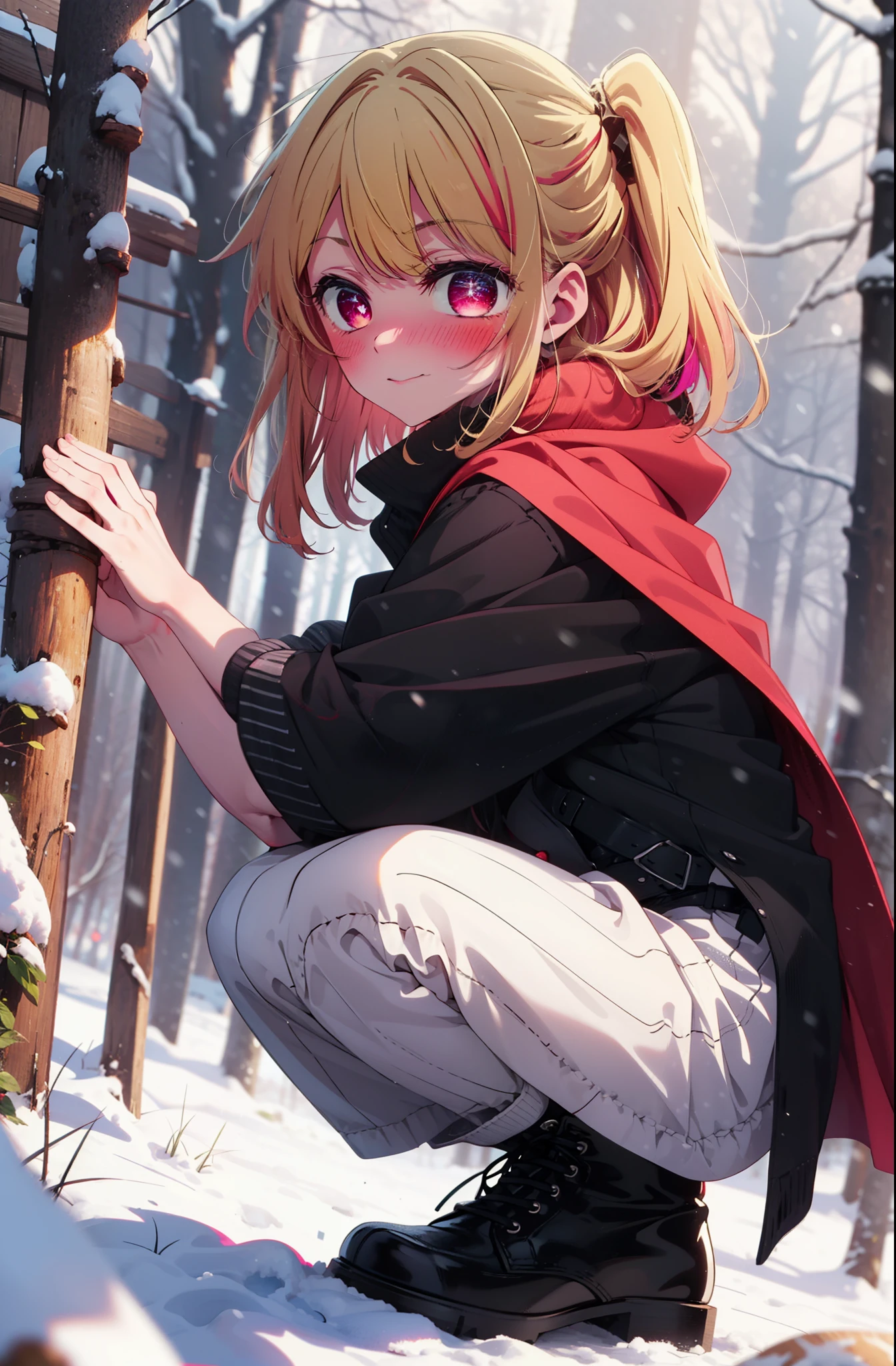 rubyhoshino, Hoshino Ruby, Long Hair, bangs, Blonde, (Pink Eyes:1.3), Side Lock, (Symbol-shaped pupil:1.5), Multicolored Hair, Two-tone hair, smile,,smile,blush,White Breath,
Open your mouth,snow,Ground bonfire, Outdoor, boots, snowing, From the side, wood, suitcase, Cape, Blurred, , forest, White handbag, nature,  Squat, Mouth closed, Cape, winter, Written boundary depth, Black shoes, red Cape break looking at viewer, Upper Body, whole body, break Outdoor, forest, nature, break (masterpiece:1.2), Highest quality, High resolution, unity 8k wallpaper, (shape:0.8), (Beautiful and beautiful eyes:1.6), Highly detailed face, Perfect lighting, Highly detailed CG, (Perfect hands, Perfect Anatomy),