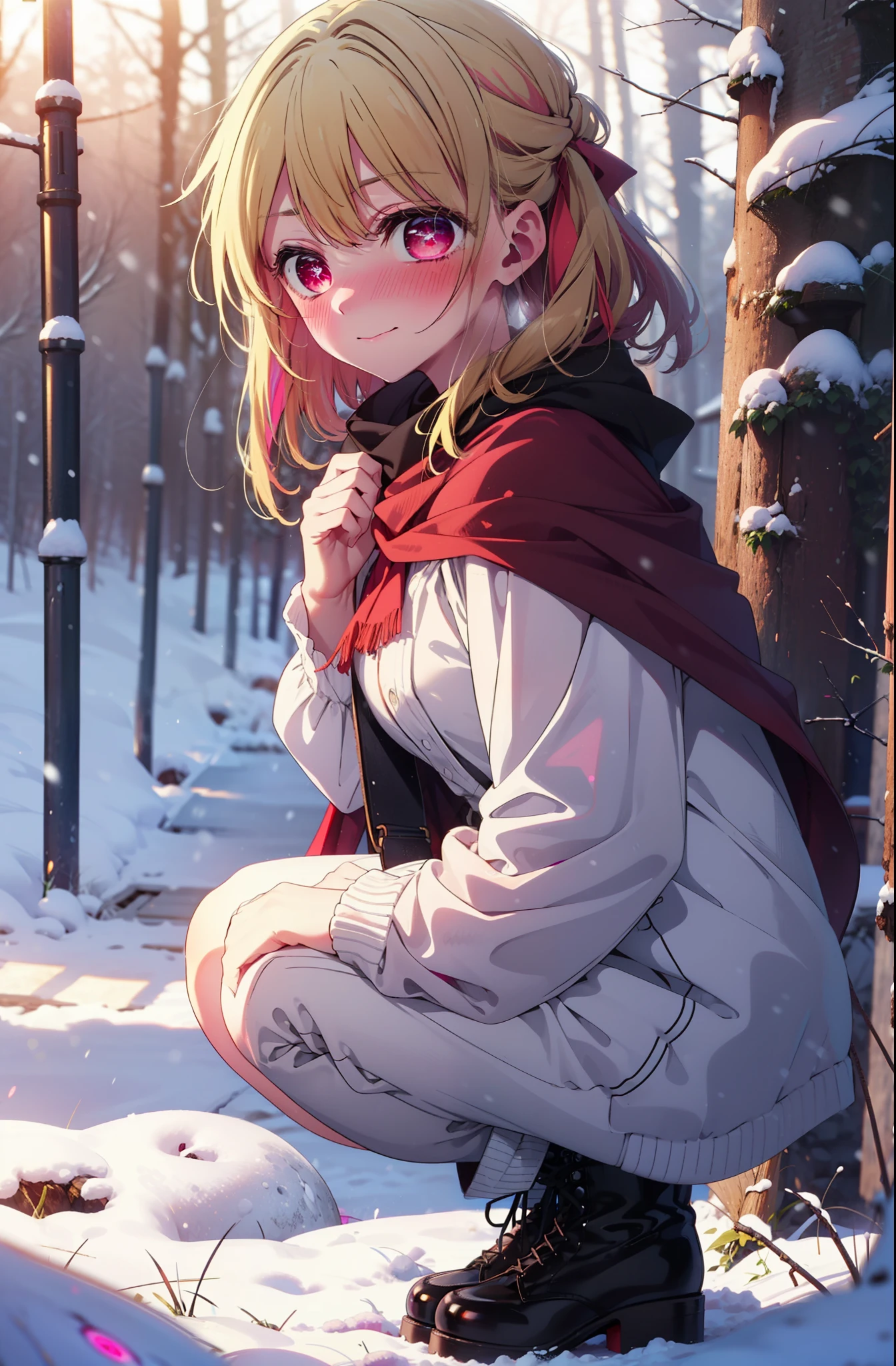 rubyhoshino, Hoshino Ruby, Long Hair, bangs, Blonde, (Pink Eyes:1.3), Side Lock, (Symbol-shaped pupil:1.5), Multicolored Hair, Two-tone hair, smile,,smile,blush,White Breath,
Open your mouth,snow,Ground bonfire, Outdoor, boots, snowing, From the side, wood, suitcase, Cape, Blurred, , forest, White handbag, nature,  Squat, Mouth closed, Cape, winter, Written boundary depth, Black shoes, red Cape break looking at viewer, Upper Body, whole body, break Outdoor, forest, nature, break (masterpiece:1.2), Highest quality, High resolution, unity 8k wallpaper, (shape:0.8), (Beautiful and beautiful eyes:1.6), Highly detailed face, Perfect lighting, Highly detailed CG, (Perfect hands, Perfect Anatomy),