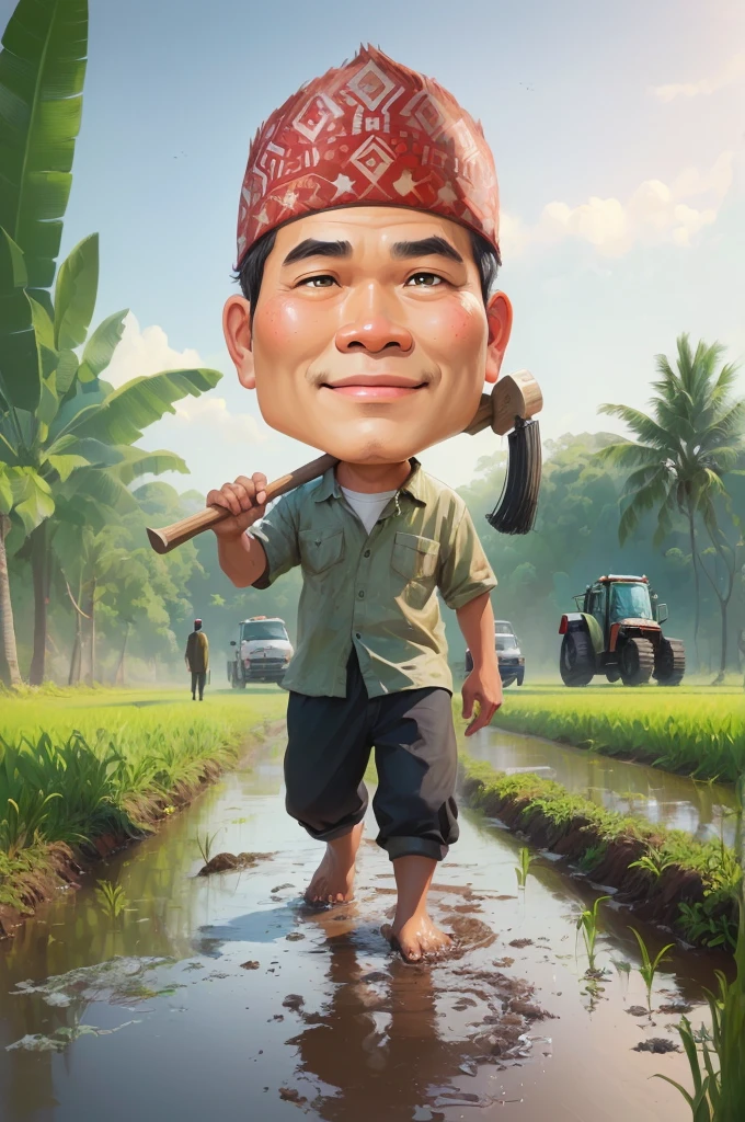 cartoon man walking through a muddy field with a hoe, The head wears a typical Javanese headgear blangkon, caricature illustration, farmer, Indonesian farmer, caricature style, cartoon portrait, cartoon digital painting, caricature, official illustration, cartoon digital art, in cartoon style, inspired by Rudy Siswanto, inspired by I Ketut Soki, potrait, digital cartoon painting art, digital art cartoon, cartoon artstyle