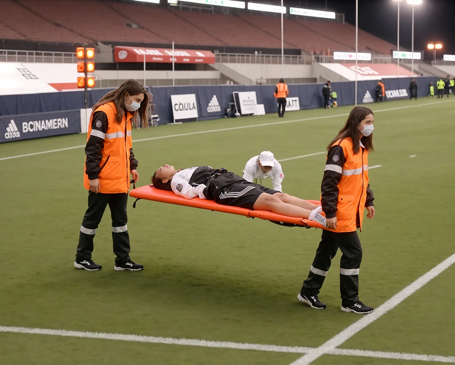 There is a man lying on a stretcher with his hands crossed over his face, a man in a t-shirt and sports shorts has crossed his hands over his face, the man has an agonised face under his hands, two longhaired and ponytailed women that are wearing very shiny coats, there are longhaired women wearing laquered puffy coats, longhaired women are walking in wetlook puffy coats, several women walking around a football field with an injured athlete on a stretcher, the injured athlete on the stretcher covers his face with both hands, the women look very worried, behind the women there is a frightening atmosphere, there is heavy rainfall in the background, video still