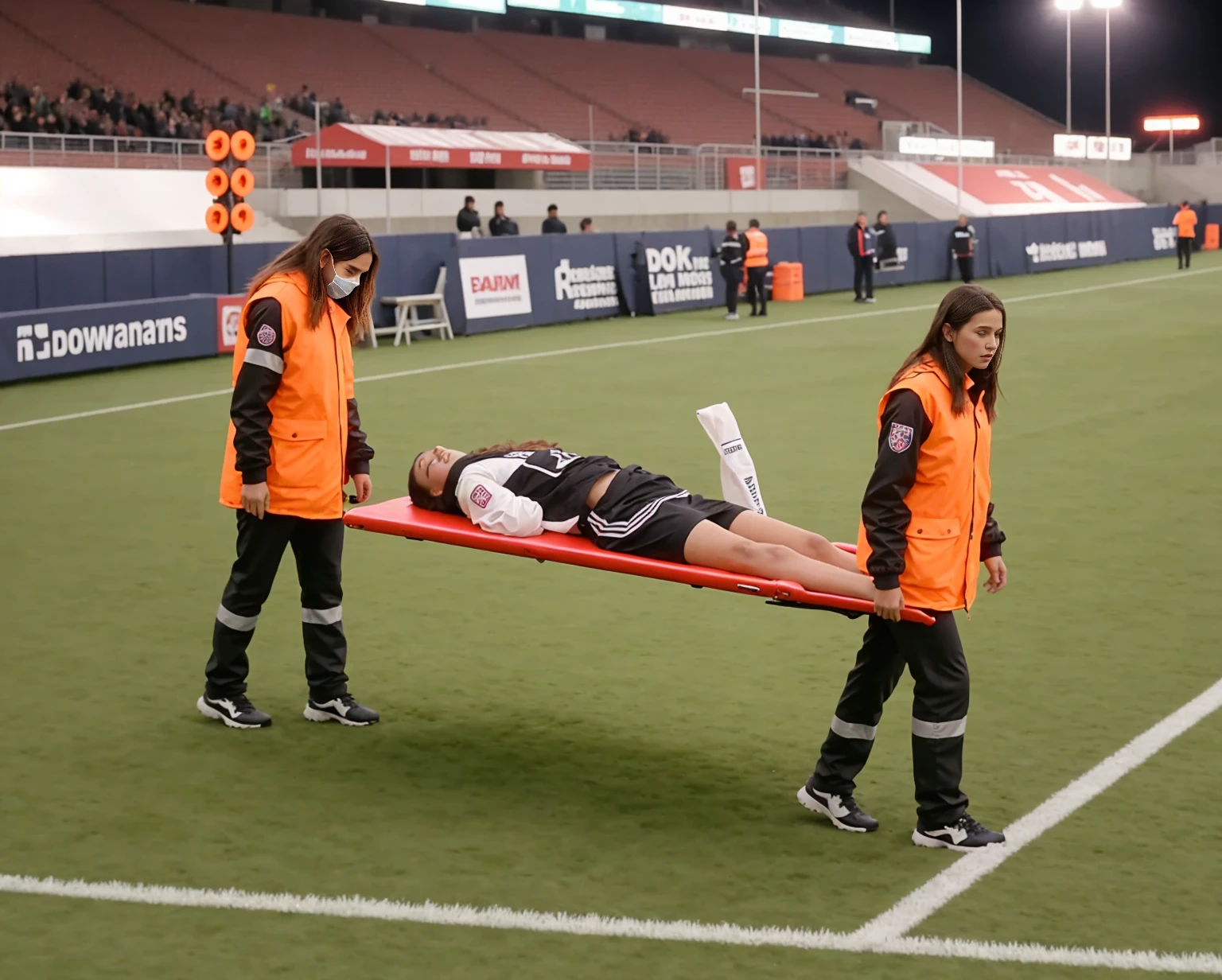 There is a man lying on a stretcher with his hands crossed over his face, a man in a t-shirt and sports shorts has crossed his hands over his face, the man has an agonised face under his hands, two longhaired and ponytailed women that are wearing very shiny coats, there are longhaired women wearing laquered puffy coats, longhaired women are walking in wetlook puffy coats, several women walking around a football field with an injured athlete on a stretcher, the injured athlete on the stretcher covers his face with both hands, the women look very worried, behind the women there is a frightening atmosphere, there is heavy rainfall in the background, video still