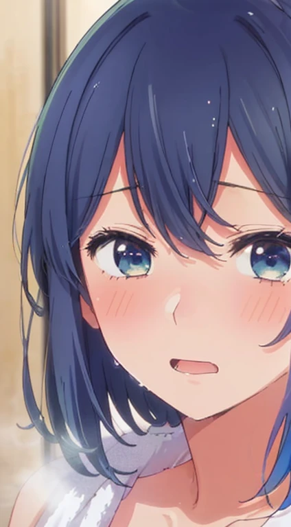 Beautiful lighting, One Girl, solo, Akane, (((Anime Style)))、(((2D)))、Embarrassed、(((hot spring)))、(((towel)))、(((Close-up)))、(((Embarrassed face)))、To the camera、huge 、Open your mouth
