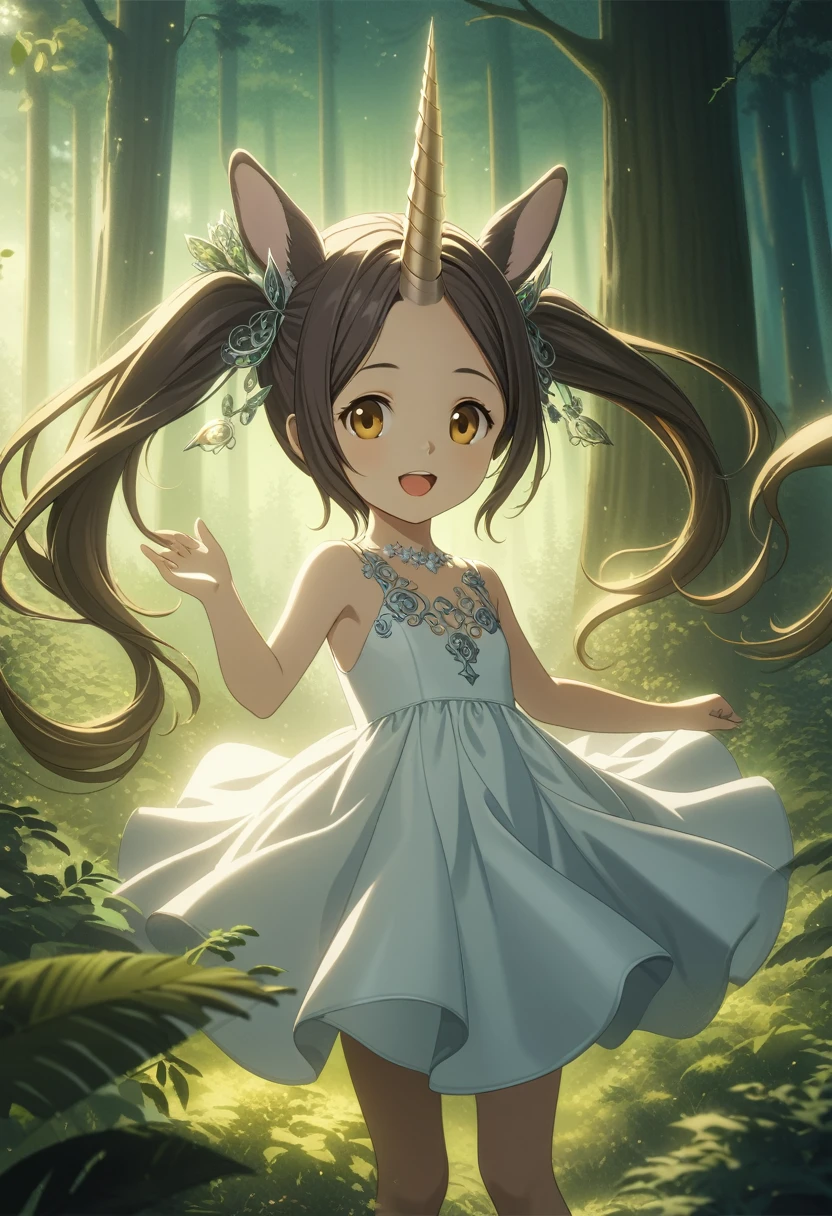 (Almiraj, rabbit girl:1.2), 1girl, solo, twintail, golden eyes, rabbit ear, Unicorn horn, (white dress, detailed decoration dress:1.1), small breasts, :d, five fingers, perfect hands, perfect anatomy, rating_sfw, cinematic lighting, masterpiece, amazing quality, best quality, detailed, absurdres, best illustration, an extremely delicate and beautiful, game_cg, intricate, (very young child:1.3), (tiny, petite:1.3), (forest), looking at viewer