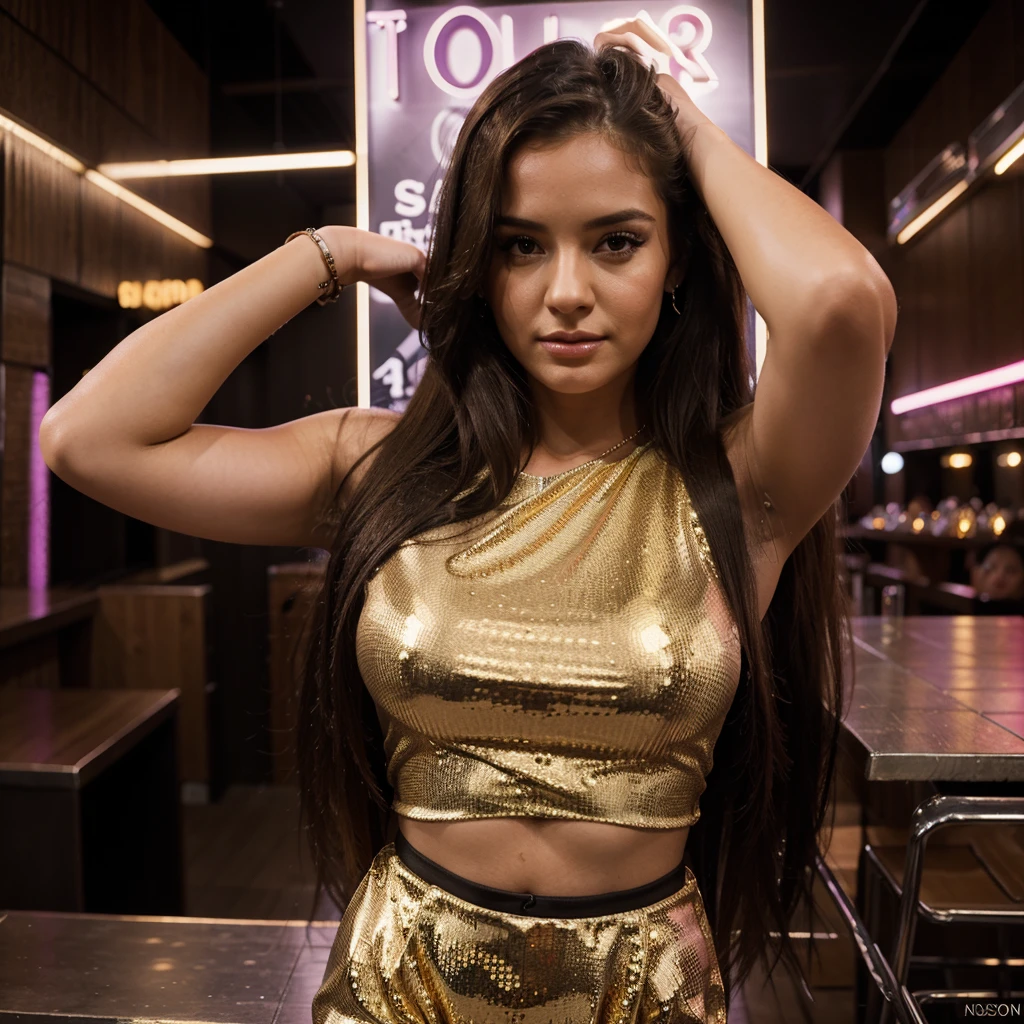 1girl in, 30 years old, Square face, Long hair, Looking at the viewer, jewelry, Realistic, Sexy, pole dancer, bar - disco - dance floor, free posing