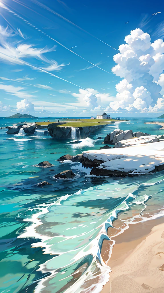 surreal scene, ,blue sky background, water, Sunlight, low angle view, HD 8K,