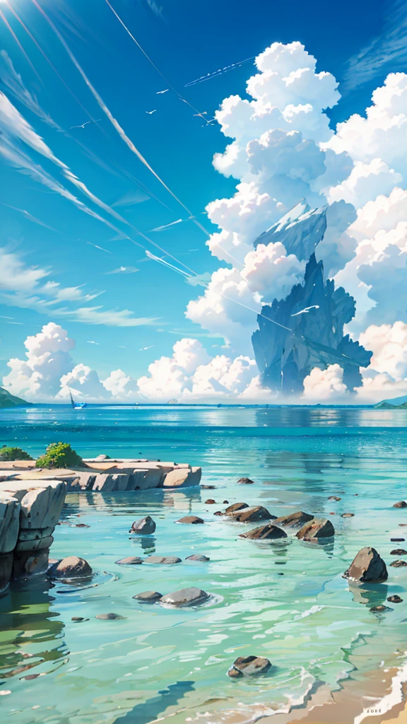 surreal scene, ,blue sky background, water, Sunlight, low angle view, HD 8K，