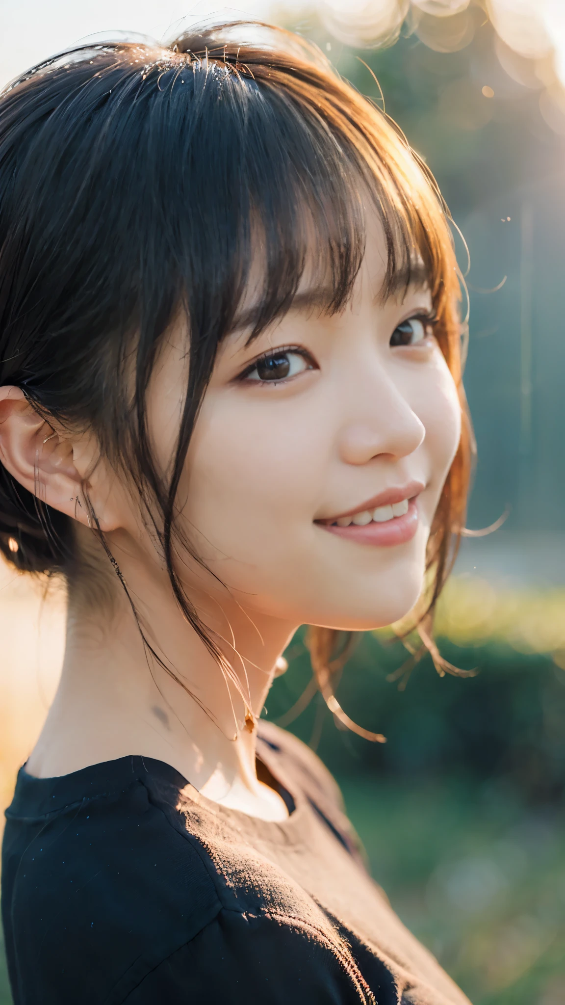 (masterpiece:1.2),(Highest quality),(Very detailed:1.2),(High resolution),(Photorealistic Stick),(RAW Photos),8K,Soft Edge,Close-up of a woman in a black sweater,Soft portrait shots,Beautiful Japanese Women,Gorgeous face portrait,Eye light,Girl of the person himself,Very beautiful face,Beautiful portrait,A lovely and delicate face,Beautiful young Japanese woman,Mature hairstyle,Looking into the distance(Sunset in the background),(((Blur the background))),(Gentle light:1.5),(Front view),(smile)