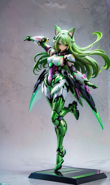 anime figure, figma,(detailed eyes))
1girl,((cat ears)),cat tail, ((long straight green hair:1.3)),big expressive neon green eyes,,expressive eyes,(((smile,blush wink))),(((full body:1.4))), ((mechanical full body suite, mecha)), feather robot wings,black kitten, cute, dynamic flirty pose, missiles on arms and shoulders, partial metal mask,standing on one leg looking at viewer ,shoulder trun to the viewer,black kitten sitting next to her, cute,flirty pose,AD ,decales,web AD
solo:1.5