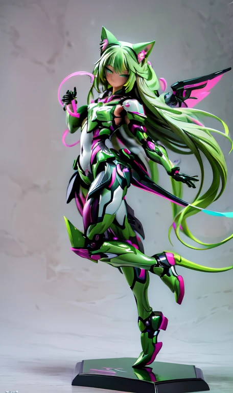  anime figure, figma,(detailed eyes))
1girl,((cat ears)),cat tail, ((long straight green hair:1.3)),big expressive neon green eyes,,expressive eyes,(((smile,blush wink))),(((full body:1.4))), ((mechanical full body suite, mecha)), feather robot wings,black kitten, cute, dynamic flirty pose, missiles on arms and shoulders, partial metal mask,standing on one leg looking at viewer ,shoulder trun to the viewer,black kitten sitting next to her, cute,flirty pose,AD ,decales,web AD
solo:1.5

