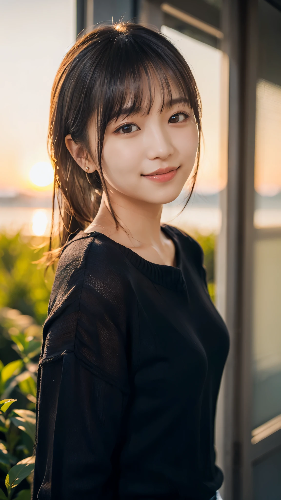 (masterpiece:1.2),(Highest quality),(Very detailed:1.2),(High resolution),(Photorealistic Stick),(RAW Photos),8K,Soft Edge,Close-up of a woman in a black sweater,Soft portrait shots,Beautiful Japanese Women,Gorgeous face portrait,Eye light,Girl of the person himself,Very beautiful face,Beautiful portrait,A lovely and delicate face,Beautiful young Japanese woman,Mature hairstyle,Looking into the distance(Sunset in the background),(((Blur the background))),(Gentle light:1.5),(Front view),(smile)
