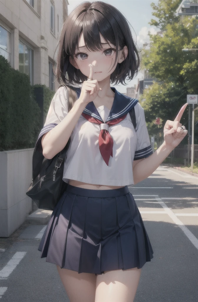 Highest quality , High resolution , Detailed CG , short hair , Sailor suit , Navy Blue Skirt , Modest chest , Black Hair , thumb、index finger、Middle finger、ring finger、小指のOptimal ratio , Two limbs , Optimal ratio , Embarrassed expression , Burning cheeks , School , Schoolyard , touching one's own with one's own hands , Facial expression when orgasm ched , rain , Panty shot