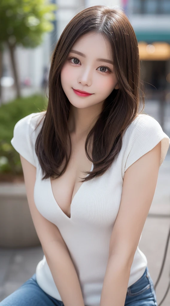 Tabletop, Highest quality, shape, Very detailed, finely, High resolution, 8k wallpaper, 完璧なダイナミックな構shape, Beautiful and exquisite, Nice spring clothes,Beautiful straight hair,Small breasts,Natural color lip, 20-year-old girl、cute、Always blur the background,Perfect and beautiful face,Beautiful and dense face、Slim face and figure,Big eyes、Putting on gal makeup,Actual Photos（Best image quality）、Sexy Face、Fashion model posing、Full Body Shot、smile、Change pose randomly、Randomly change the shooting angle and position、Summer fashion for women